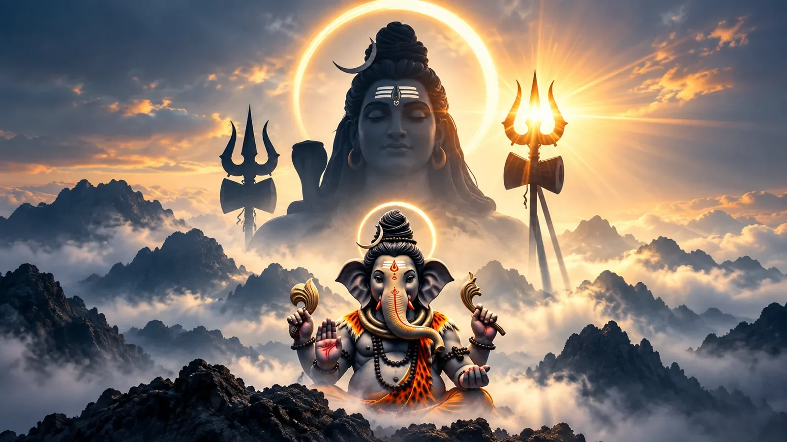 పర్వతాల మధ్య శివుడు, వినాయకుడు